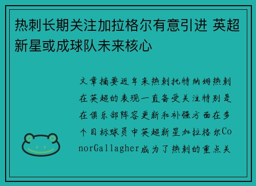 热刺长期关注加拉格尔有意引进 英超新星或成球队未来核心