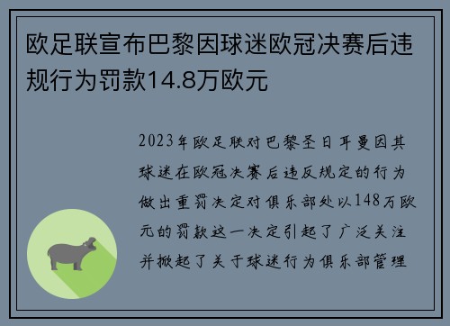 欧足联宣布巴黎因球迷欧冠决赛后违规行为罚款14.8万欧元